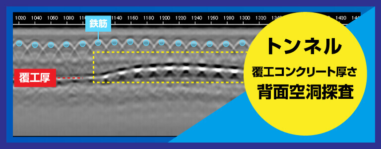 トンネル覆工コンクリート厚さ・背面空洞探査 2D測定 電磁波レーダ探査