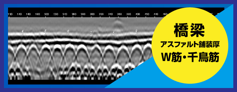 橋梁-アスファルト舗装厚、千鳥筋・W筋探査 2D測定 電磁波レーダ探査